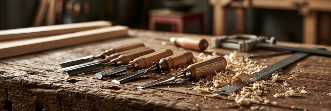 Close-up of hand tools on wooden workbench with wood shavings