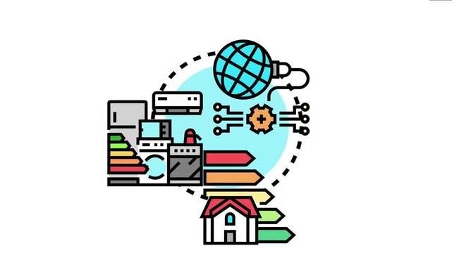 House appliances, energy ratings, and a global network connect, concepts of sustainable living, self sufficiency, and optimizing power consumption for modern homes