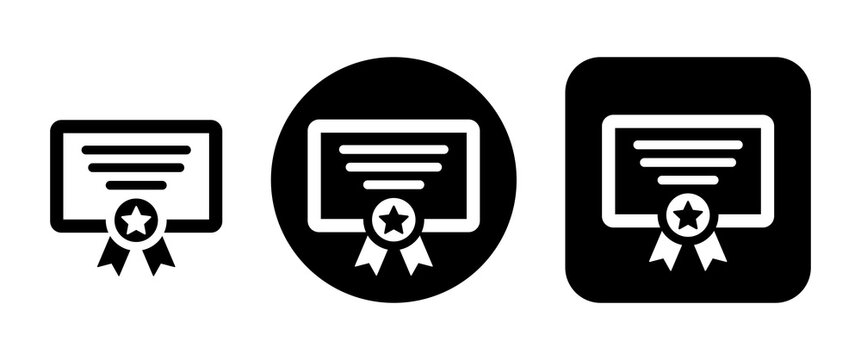 Certificate award badge and diploma icons set with document, star and ribbon symbols for achievement, education, certification and recognition designs.