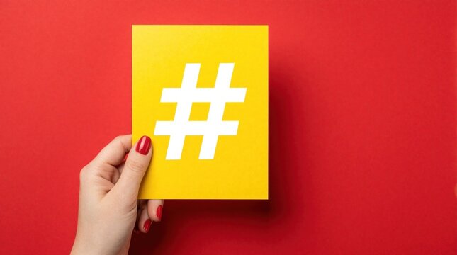 Hand with red nail polish holds yellow square card displaying large white hashtag symbol. Visual concept represents modern digital marketing trends, online communication, social media awareness