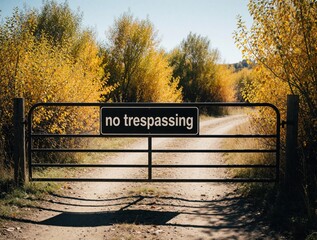Fototapeta premium Metal farm gate with no trespassing sign blocks dirt road. Yellow autumn trees, bushes line rural driveway. Private property entrance in countryside during fall season. Closed gate prevents access to