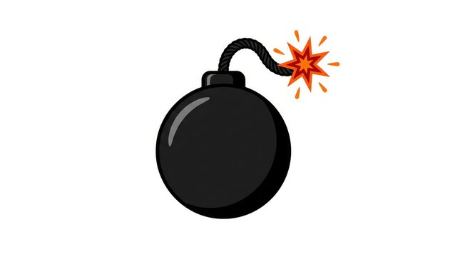 Cartoon style black bomb with a lit fuse isolated on a white background for design projects
