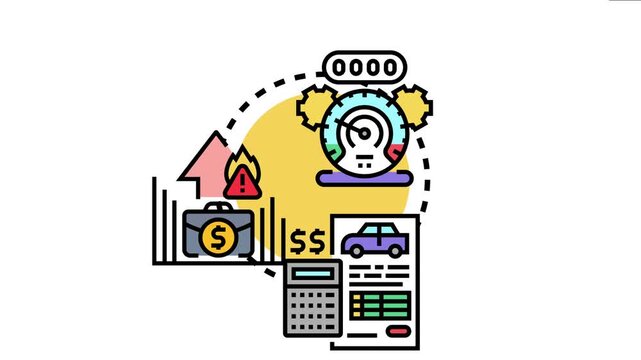 Vehicle odometer showing mileage, calculator computing car expenses, and financial documents with briefcase reflecting business accounting and increasing costs