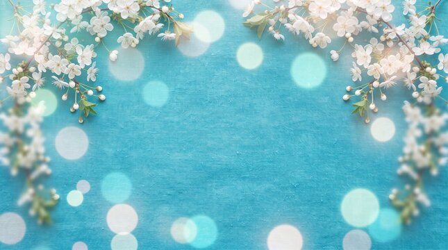 Beautiful blooming white cherry blossom branches arranged gracefully along upper corners above bright turquoise fabric background