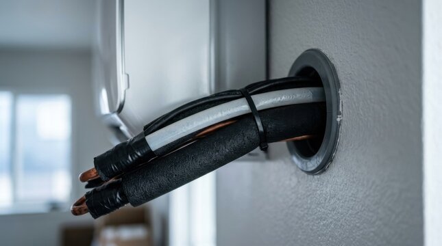 Ductless mini split cooling system with insulated copper refrigerant tubing and condensate line through wall sleeve