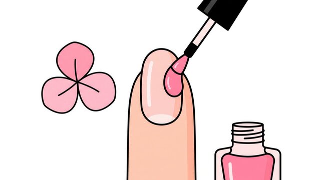 Illustration of a finger applying pink nail polish with a clover icon on a white background