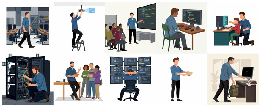IT Professionals and Technology Education Flat Illustration Set: Server Management, Coding, and Technical Support Concepts