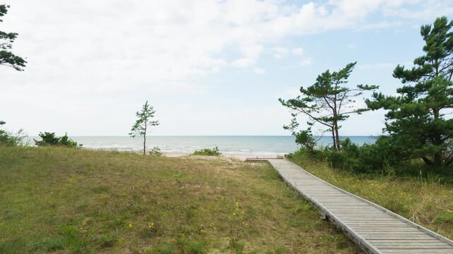 Wooden boardwalk on grassy sand dunes leading towards the sea