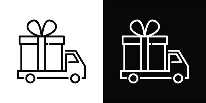 Delivery of Surprise. A stylized icon of a truck loaded with a gift-wrapped box, signifying swift and joyful delivery services, presented on both white and black backgrounds.