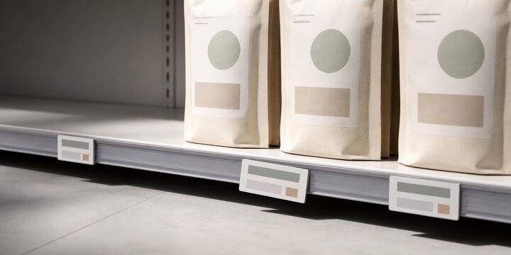 Retail shelf label audit misaligned electronic tag beneath three grocery packages