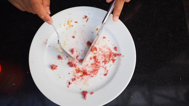 Hands placing silver fork and knife on empty white plate with leftover red meat remnants.