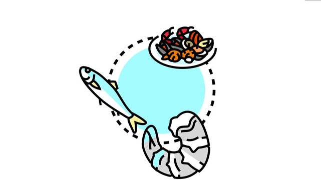 Ocean seafood analytics concept with various fish and shellfish elements, data collection and analysis for marine food industries and consumption trends