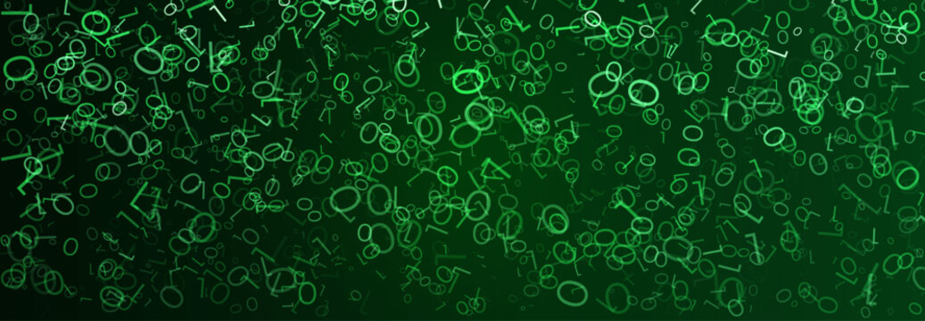 Abstract green background with scattered binary digits in varied sizes and orientations. Layered zeros and ones illustrate digital information, computing and data processing. Vector Illustration.