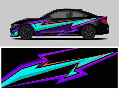 Black sports car with vibrant lightning bolt decal design.