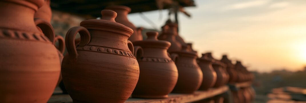 Sunny outdoor scene with traditional clay jars arranged in a row