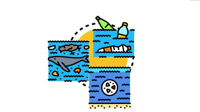 Ocean plastic pollution showing bottles floating in water, debris and a whale consuming waste, and microplastic particles impacting the underwater ecosystem