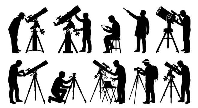 Astronomer telescope silhouettes, black science observer vector set, tripod optical telescope icons for astronomy research