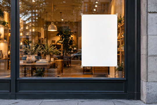 Shop window with blank poster and reflections street horizontal