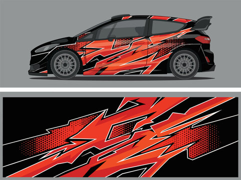 Red and black rally car with dynamic racing graphics.