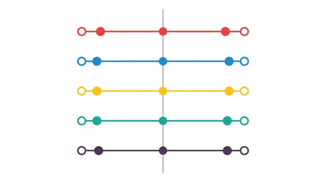 Abstract infographic timeline with five colorful horizontal lines and circular markers on white