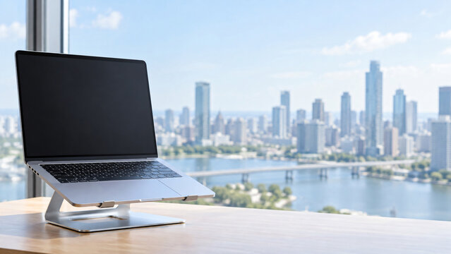 Laptop on stand by window with blurred city view workspace horizontal