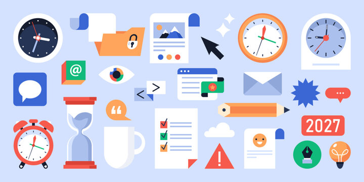 Web design icons set with alarm clock, office objects, folder and documents. Modern vector illustration business  concept