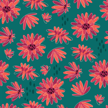 Seamless pattern background with cute autumn flowers.  Childish print for fabric, wrapping paper, textile, wallpaper and apparel