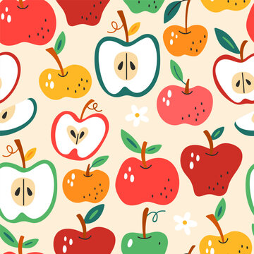 Seamless pattern background with apple cute elements.  Childish print for fabric, wrapping paper, textile, wallpaper and apparel