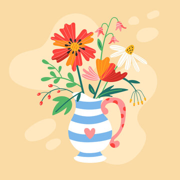 Mother's day greeting day with cute flower bouquet. Childish print for banner and poster. Vector illustration