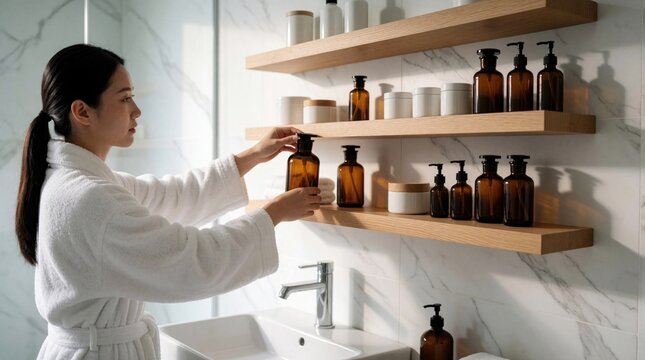 Asian woman in white bathrobe organizes amber bottles on wooden bathroom shelves. Modern interior design with marble walls, sink. Spa wellness concept, home decor, toiletries arrangement, feng shui,