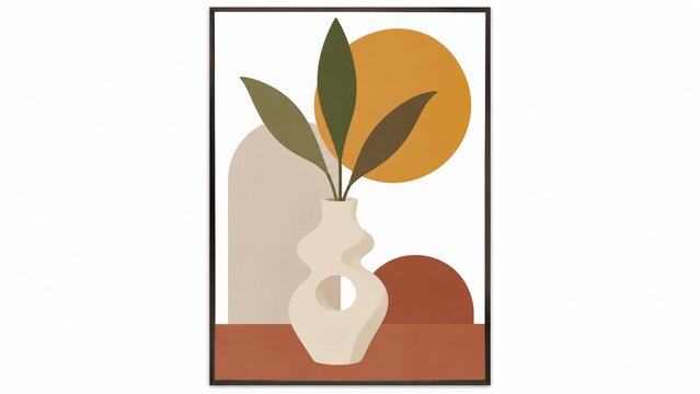 Boho abstract wall art print with organic vase and green leaves