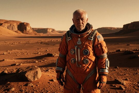Senior astronaut in orange spacesuit stands on red rocky desert landscape. Old man explores Martian surface with American flag patch. Future space colonization concept with sci-fi technology, outer