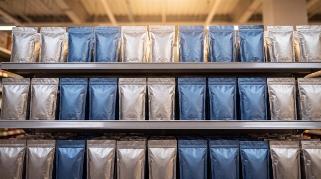 Generic foil pouches arranged on supermarket retail shelves