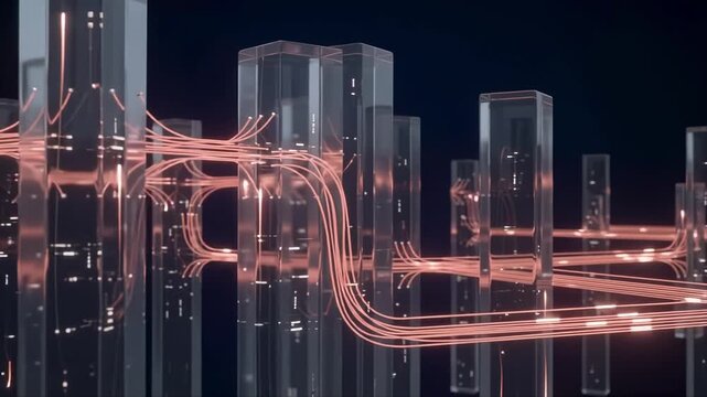 Elegant glass server pillars in a dark indigo void connected by glowing coral fiber optic bridges transmitting secure data streams representing cloud software and tenant privacy.