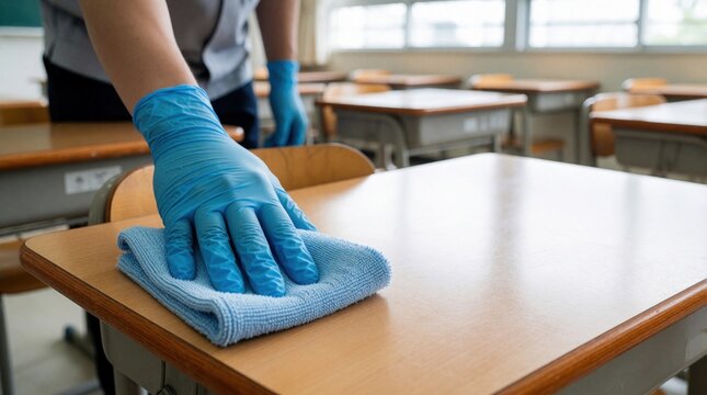Gloved hand wipes school desk with blue cloth. Janitor cleans classroom surface. Sanitation hygiene prevention in education. Maintenance worker sanitizes workspace. Health safety routine in facility.