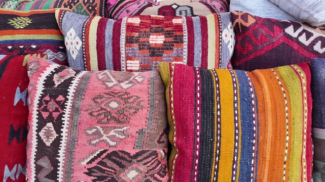 Oriental kilim pillows with colorful bohemian ethnic patterns for home decor and comfort.