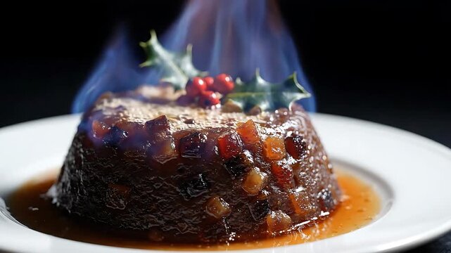 Christmas Pudding with Flames Rising, Slowly Rotating on a White Plate with Sauce. Festive Dessert Animation, Holiday Food Concept.