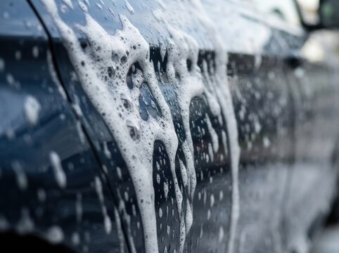car wash foam drainage closeup Close-up of soapy water foam on a wet car surface during washing