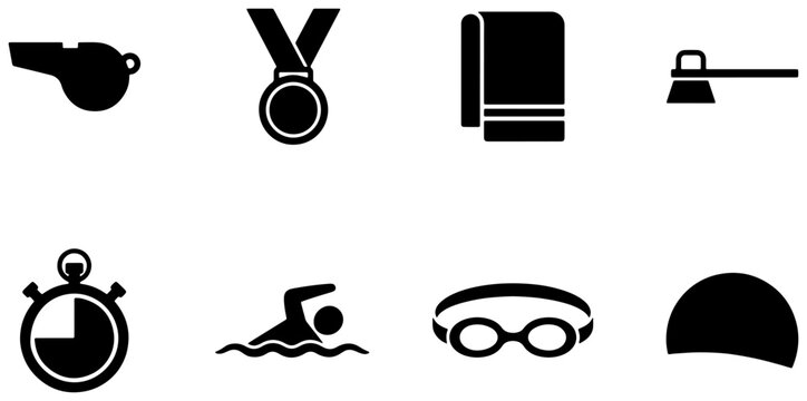 Swimming icon set in black solid vector style, aquatic sports symbols collection, swimmer gear and competition equipment glyphs