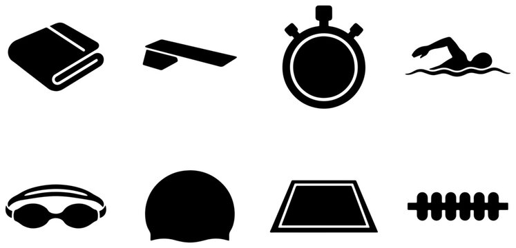 Swimming sport icons set, black minimalist pool symbols, athlete equipment icons collection, vector graphics for infographics