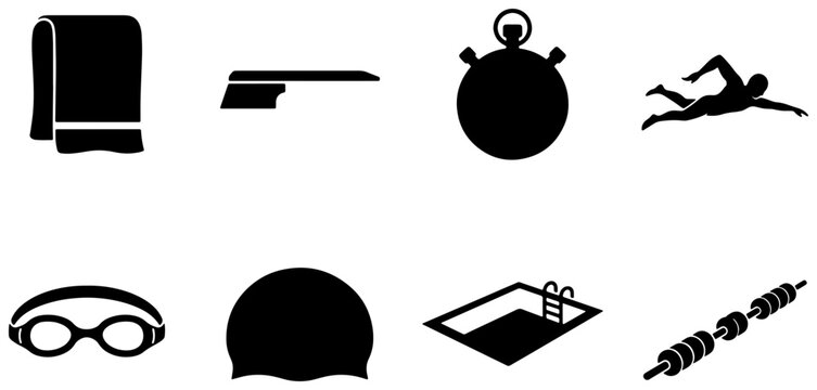 Swimming icon set vector graphic elements, black pool silhouettes collection, sport swimmer goggles and stopwatch symbols