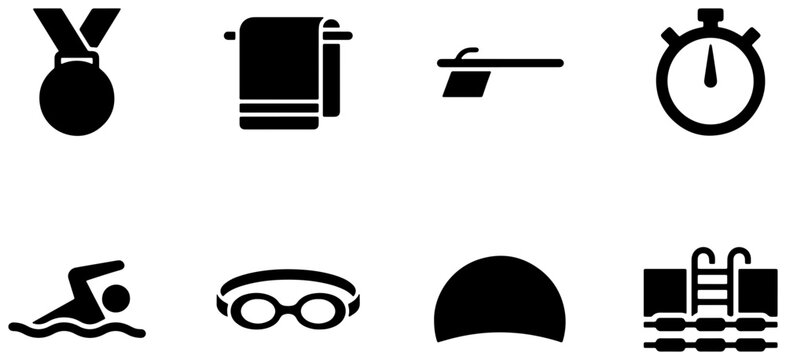 Swimming icon set, black sports and pool vector icons, 8 water activity symbols for web design, aquatic competition graphic elements