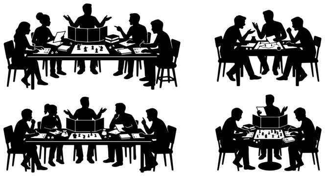Board game night silhouettes vector set, tabletop roleplaying game players icon collection, friends playing rpg around table graphic
