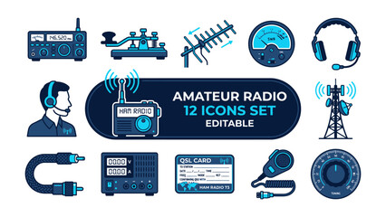 Amateur Radio Icons Set: A collection of blue-themed vector icons depicting various elements of amateur radio communication, including transceivers, antennas, headphones, and a Morse code key. © Mohammad