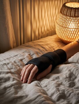 Person wears black wrist splint on hand resting on bed. Medical brace supports carpal tunnel syndrome injured wrist. Warm lamp light creates cozy atmosphere for healing, recovery at home in bedroom