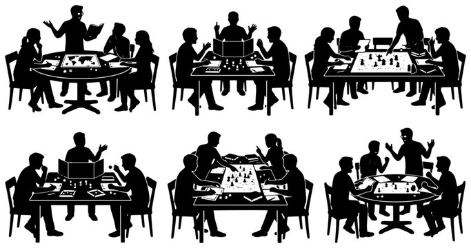 Board game night silhouettes set, friends playing tabletop roleplaying games vector, tabletop gamer silhouette collection