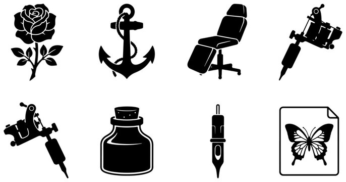Tattoo studio icon set, black tattoo machine and equipment vector illustrations, tattoo artist tools and flash art symbols