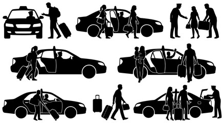 Fototapeta premium Taxi service silhouettes set, passenger hailing cab vector elements, black luggage transport icons for travel graphics