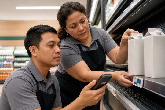 Retail shelf label audit grocery employees verifying an electronic section and carton position