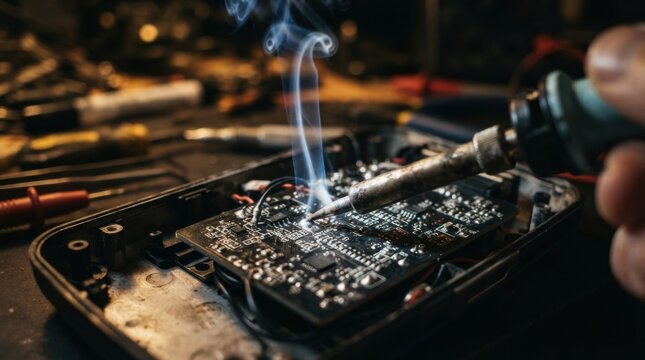 Soldering iron tip touching a small circuit board inside an open device casing with wisps of solder smoke rising